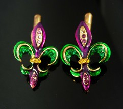 Rare Enamel Cufflinks Fleur de Lis  Gold magenta green with rhinestones Vintage  - £236.54 GBP