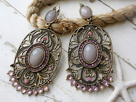 Big Gold Tone Filigree Pink Crystal Boho Fashion Earrings - £14.78 GBP