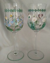Set (2) Graceful Hand Painted Multicolor Floral Stemmed Wine Glasses, Si... - $24.40