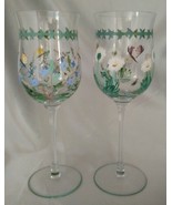 Set (2) Graceful Hand Painted Multicolor Floral Stemmed Wine Glasses, Si... - £19.18 GBP