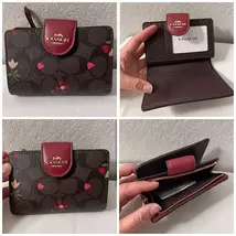 COACH Women's Folding Wallet Card Wallet Canvas Pocket (Flower DarkBrown) - $68.00