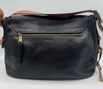 Fossil Harper Crossbody Bag Black Cow Hide Leather Large Flap Brass Key Saddle Item image 4