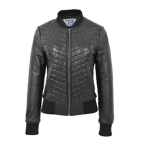 DR211 Women&#39;s Quilted Retro 70s 80s Bomber Jacket Black - £129.00 GBP