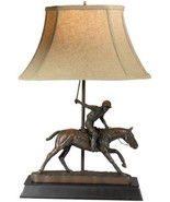 Table Lamp Lodge Polo Player Chocolate Ebony Brown Black Linen Shade Cas... - $827.23 CAD