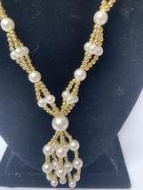 Vintage Necklace Layered Faux White Pearls With Gold Costume Beads Tassel End - £7.89 GBP