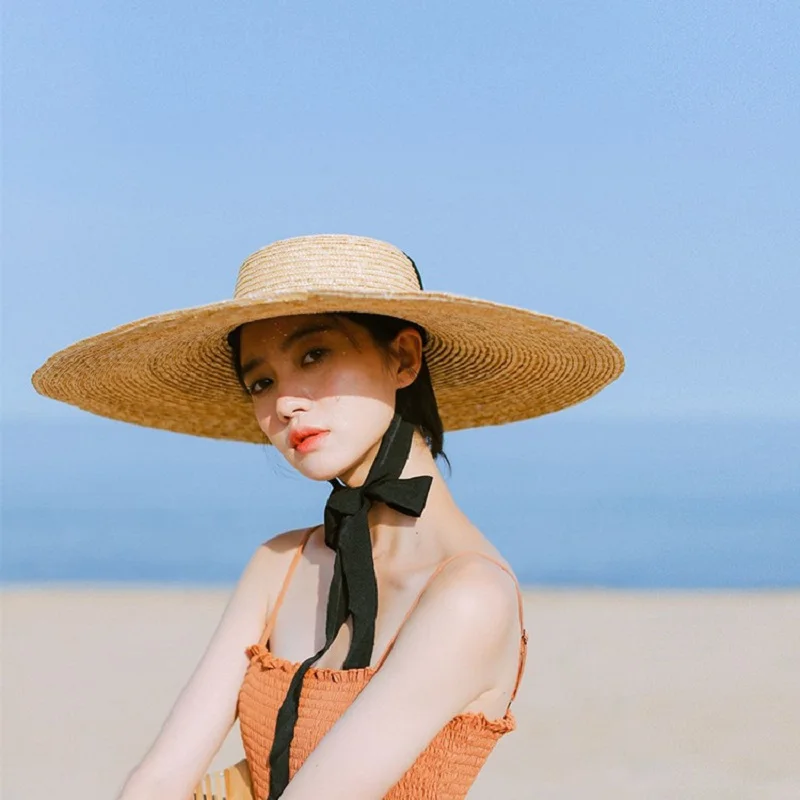 Summer Big  Wheat Straw Hats For Women Handmad  Beach  Caps Elegant Flat Top Lon - £103.47 GBP
