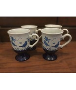 Vintage Blue Transferware Bird Cobalt Footed Coffees Cups - $22.00