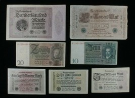 1910-1929 Germany 7-Notes Set // 10 Mark to 10 Million Mark // Empire &amp; Weimar - £46.61 GBP