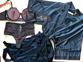 Victoria&#39;s Secret unlined 36DD BRA SET+M High-waist thong+ROBE NAVY BLUE shimmer - £94.66 GBP