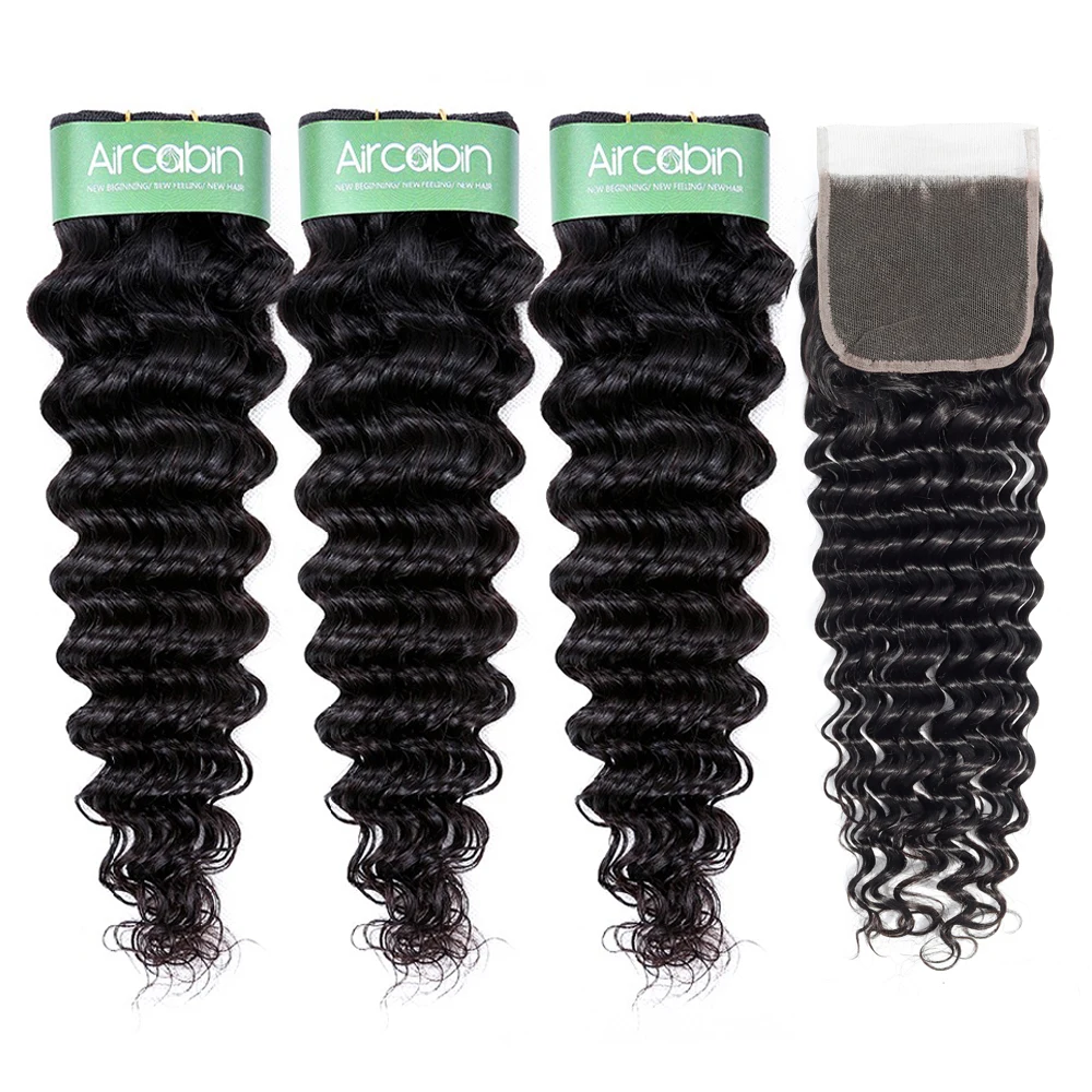 Aricabin Brazilian Deep Wave Bundles With Closure Remy Natural Weaves Human Hair - £61.34 GBP+