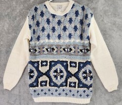 One Step Up Sweater Womens Small Blue White Fair Isle Hand Knitted Vintage Top - £31.18 GBP