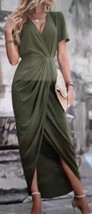 Women’s Tulip Hem Midi Dress Short Sleeves Green V-Neck w Twist Sz Small - £15.47 GBP
