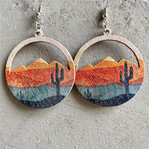 Red Wood &amp; Silver-Plated Cactus Desert Round Earrings - £10.94 GBP