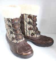 UGG Newberry Brown Leather Plaid Fabric Waterproof Boot Sheepskin Lining ~7~ 322 - £37.35 GBP