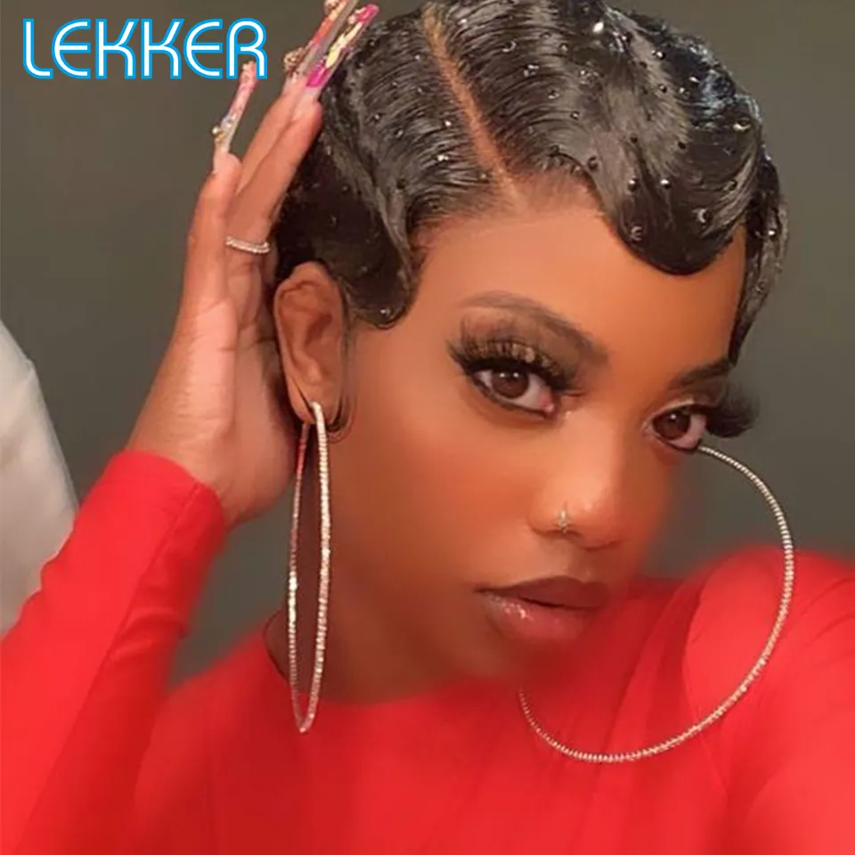 Lekker t part lace front short pixie finger waves curly bob human hair wig for women thumb200
