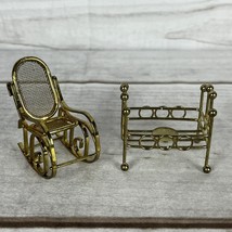 Vintage Miniature Doll House Metal Boston Rocking Chair &amp; Crib Bed Gold Brass - £11.98 GBP