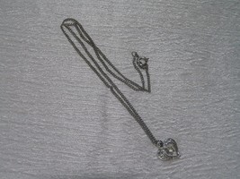 Vintage Dainty Silvertone Chain with Small Open Swirly Heart &amp; Clear Rhinestone  - £6.88 GBP