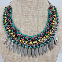 Vintage Tribal Teal &amp; Silver w/ Metal Dangling Feathers Necklace 19 Inch - $35.53