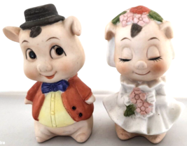 UCGC Taiwan Vintage 1950&#39;s 2 Pig Figurines One Bride &amp; One Boy Porcelain Bisque - £11.21 GBP