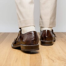 Genuine Ostrich Leg Double Monk Strap Shoes Napoli Brown image 12