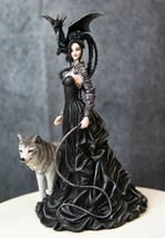 Gothic Maestra Maleficent Witch Fairy With Alpha Wolf and Black Dragon Statue - £96.73 GBP