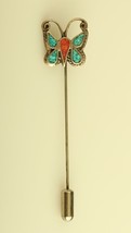 Turquoise and coral Vintage Sterling silver Butterfly Brooch Stick Pin - £31.05 GBP