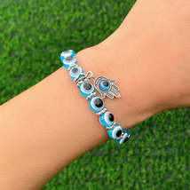 Sea Blue Acrylic &amp; Silver-Plated Evil Eye Hamsa Charm Bracelet - £11.15 GBP