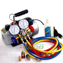 Deluxe Auto Refrigerant Manifold Gauge Set &amp; 3 CFM Vacuum Pump 5ft HVAC ... - $112.19