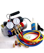 Deluxe Auto Refrigerant Manifold Gauge Set &amp; 3 CFM Vacuum Pump 5ft HVAC ... - $153.44 CAD