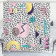 90s Geometric Shower Curtain Navy Yellow Pink 69x70 - $87.11