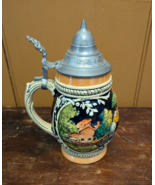 Vtg German Stoneware Glazed Pewter Lidded .5L 8&quot; Beer Stein EUC - $28.84