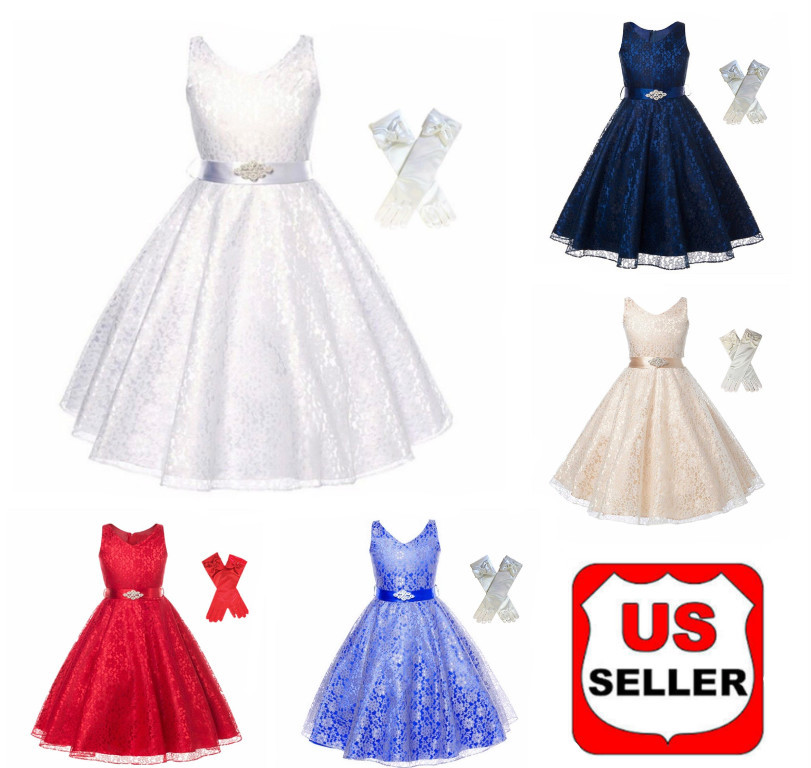 DH Wedding Flower Girls's Dress Babygirl's Lace V-neck Dress With Gloves