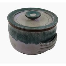 Studio Pottery Blue Green Food Canister Jar Earth Tone Handles Bowl Stoneware - £38.15 GBP