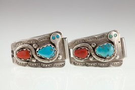 Unique Zuni  Turquoise &amp; Red Coral Watch Band Sterling Links By Effie C. - £787.68 GBP