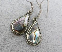 Silver Alpaca Mexico Abalone Dangle Earrings Tear Drop Rope Edge Pierced... - $9.89