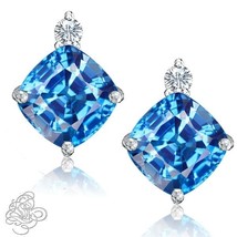 0.02CT Womens Stylish Diamond Cushion Blue Topaz Birthstone Stud Earrings Silver - £36.27 GBP