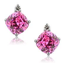 0.02CT Womens Stylish Diamond Cushion Pink Topaz Birthstone Stud Earrings Silver - £36.58 GBP