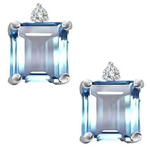 0.02CT Women Stylish Diamond Princess Aquamarine Birthstone Stud Earrings Silver - £36.18 GBP