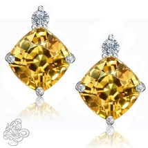 0.02CTTW Women&#39;s Stylish Diamond Cushion Citrine Birthstone Stud Earrings Silver - £29.03 GBP