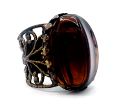 Vintage 60s Signed Kim Craftsmen Chunky Filigree Brass Faux Amber Ring - $49.49