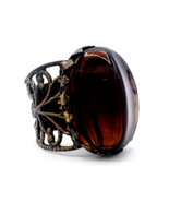Vintage 60s Signed Kim Craftsmen Chunky Filigree Brass Faux Amber Ring - £39.44 GBP