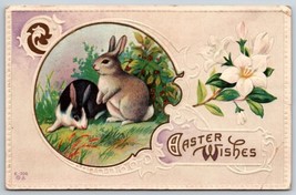 1915 Postcard Of Easter Wishes Embossed White Lilly Flowers Two Bunny Rabbits - £14.47 GBP