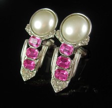 Dress clip Earrings Pink rhinestone Pearl clip on Unsigned Beauties unusual hing - £58.74 GBP