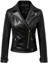 Women&#39;s Black Leather Jacket Slim Fit Biker Motorcycle Leather Zip Women... - $109.99