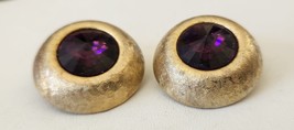 Clip Earrings Etched Antique Gold Tone Setting Round Amethyst Crystals Vintage - £24.01 GBP