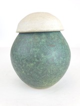 Handmade Studio Art Pottery Green Round Lidded Canister 7&quot; Ceramic Signed MS VTG - £54.80 GBP