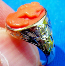 Antique Deco Mediterranean Coral Ring Victorian Engraved 10k Gold Setting - £866.48 GBP