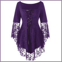 Purple Plus Size Gothic Lace Up Front Flare Sleeves Irregular Extended Lace Hem