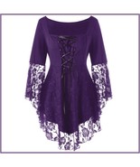 Purple Plus Size Gothic Lace Up Front Flare Sleeves Irregular Extended L... - £68.27 GBP