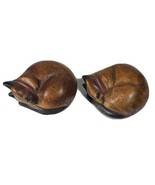 Vintage Two (2) Wood Sleeping Curled Up Cat Figurines 3&quot; x 4&quot; Red Collar  - $18.49